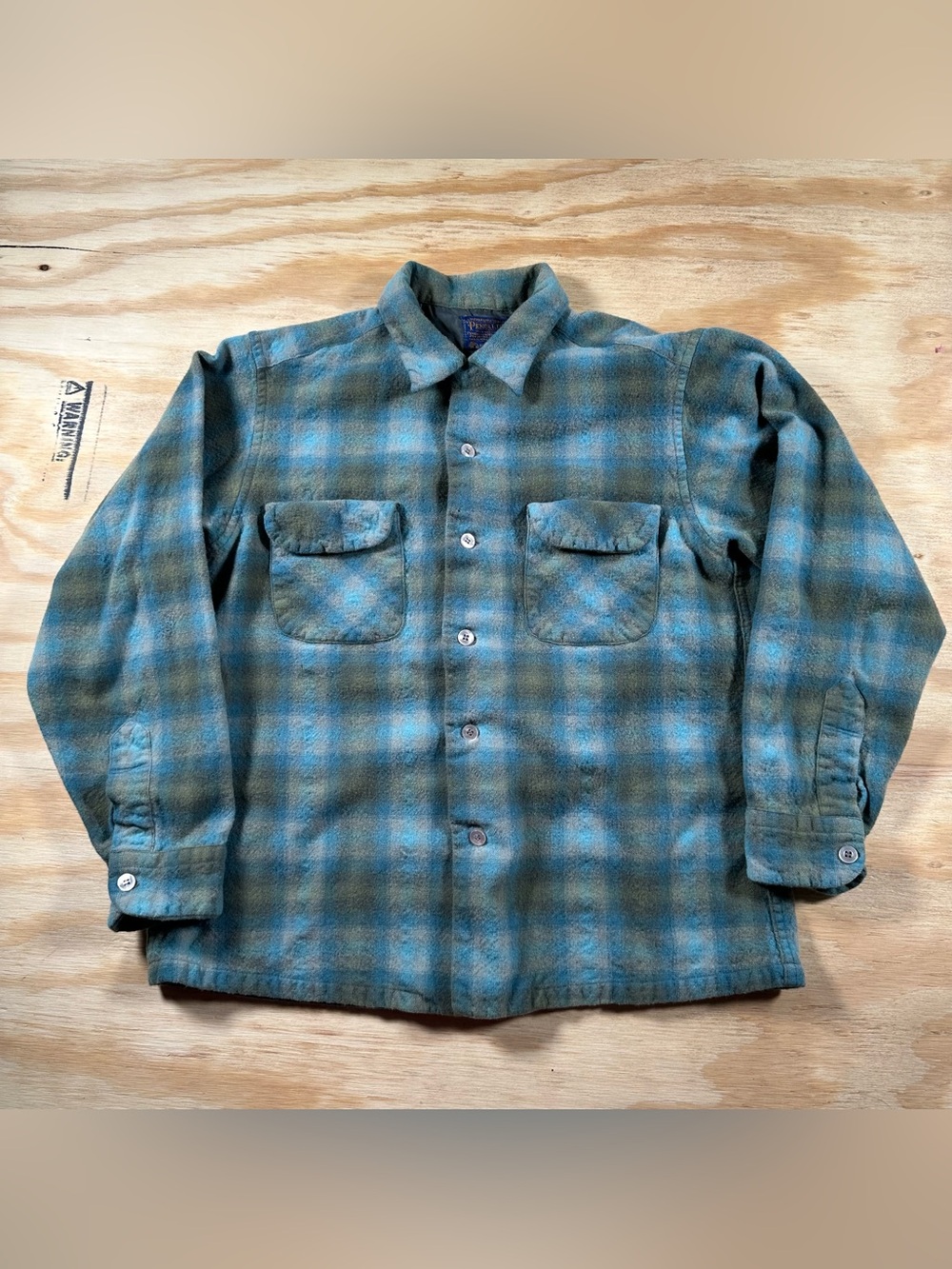 Vintage 60s 70s Pendleton Wool Board Shirt Blue Shadow Plaid - Fits Small / Medi